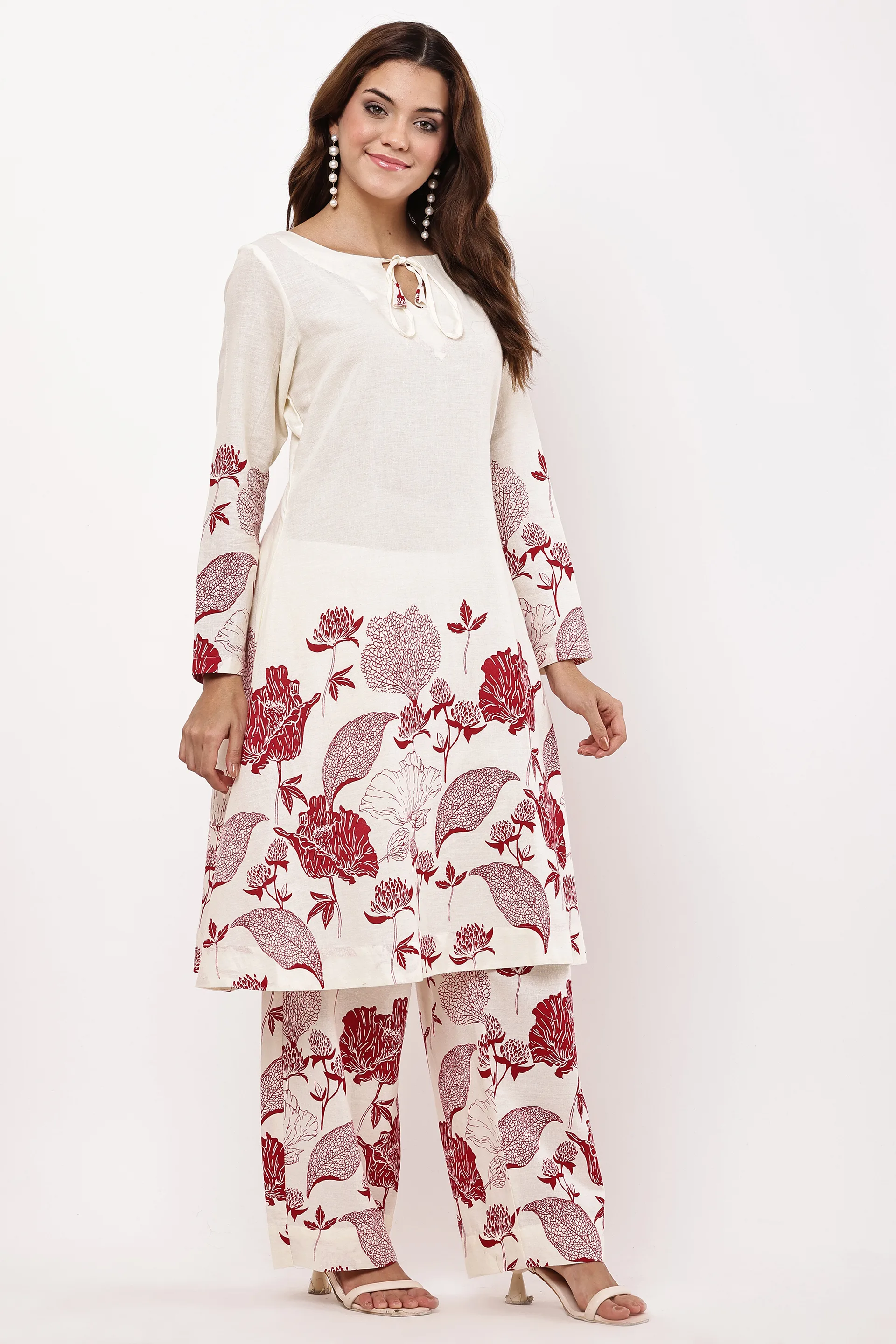Women Off-White & Maroon Floral Printed A-Line Co-ord Set — view 8
