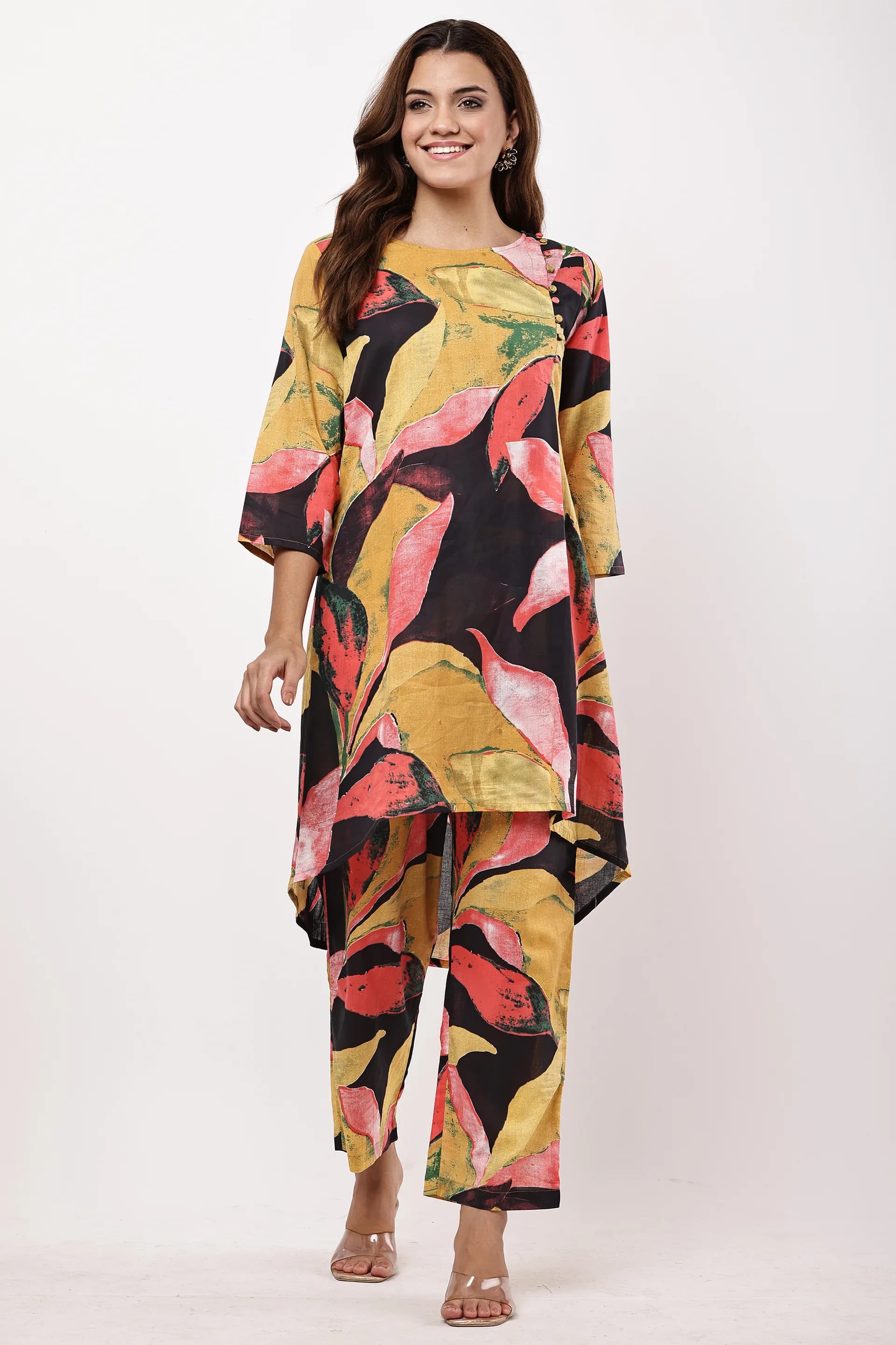 Mustard & Black Abstract Printed Asymmetric Kurta with Trousers
