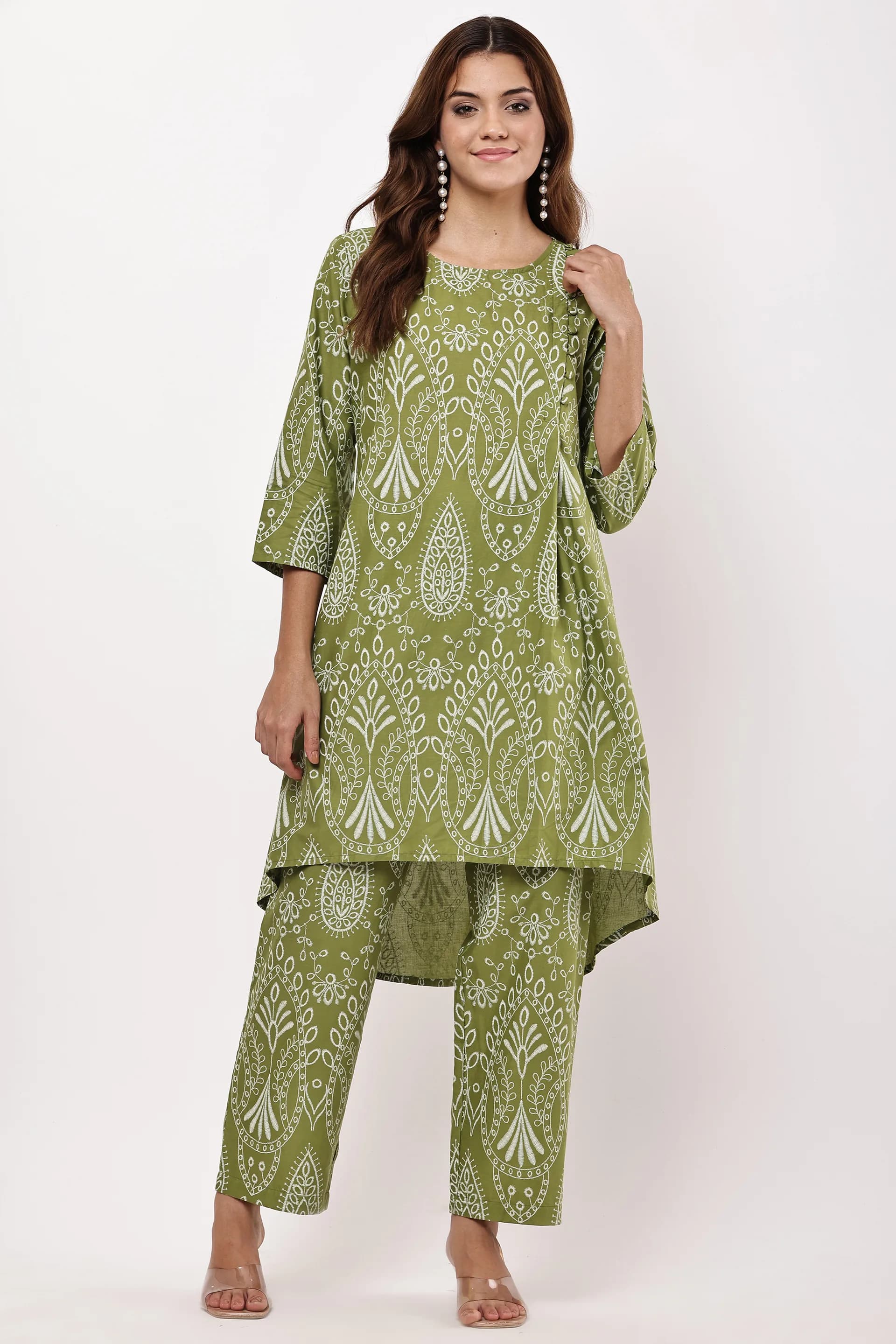 Olive Green Ethnic Motif Printed Co-ord Set