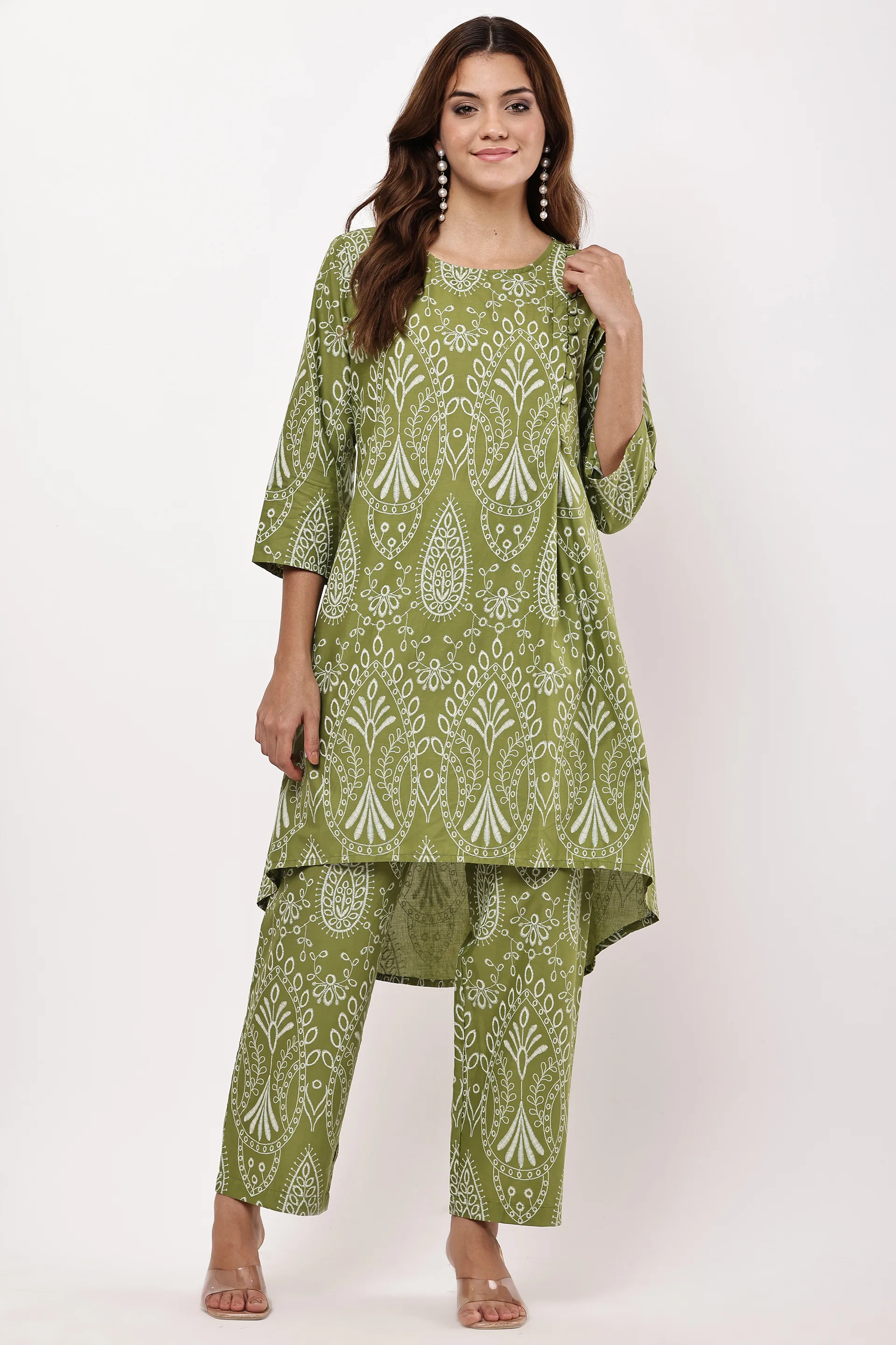 Olive Green Ethnic Motif Printed Co-ord Set — view 3