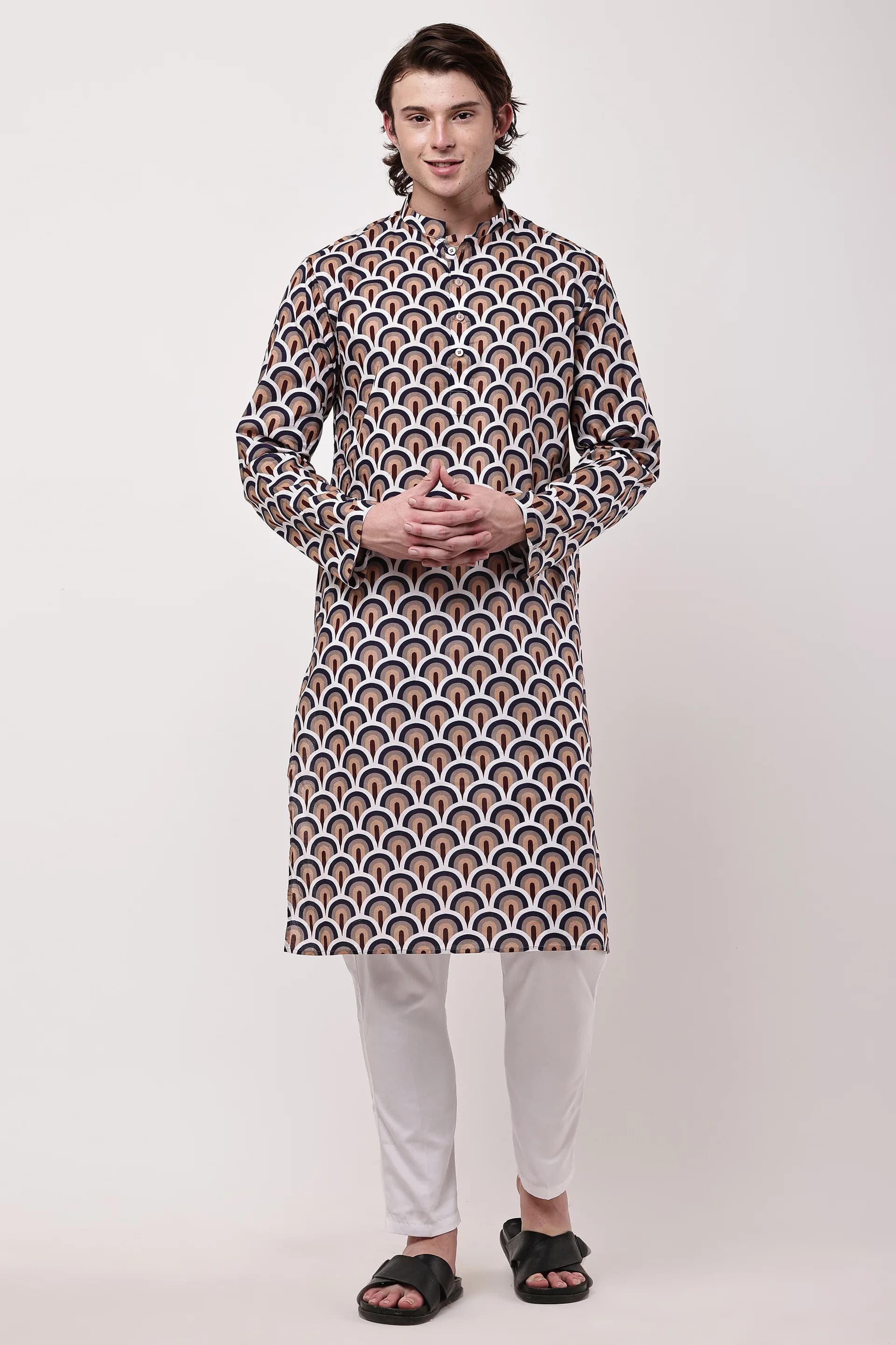 Men Navy Blue & Maroon Geometric Printed Straight Kurta
