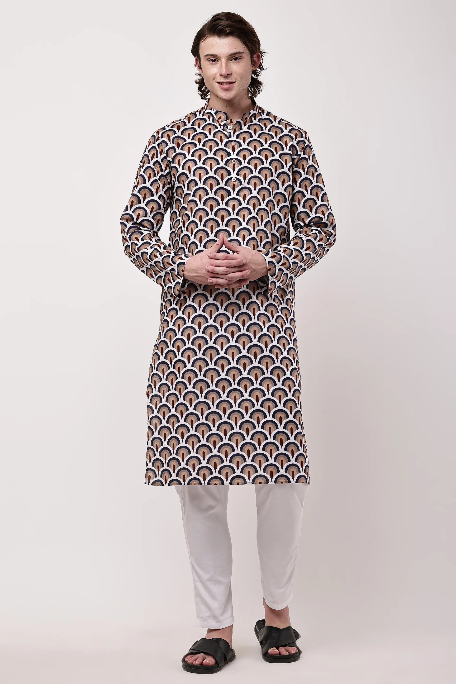 Men Navy Blue & Maroon Geometric Printed Straight Kurta — view 3