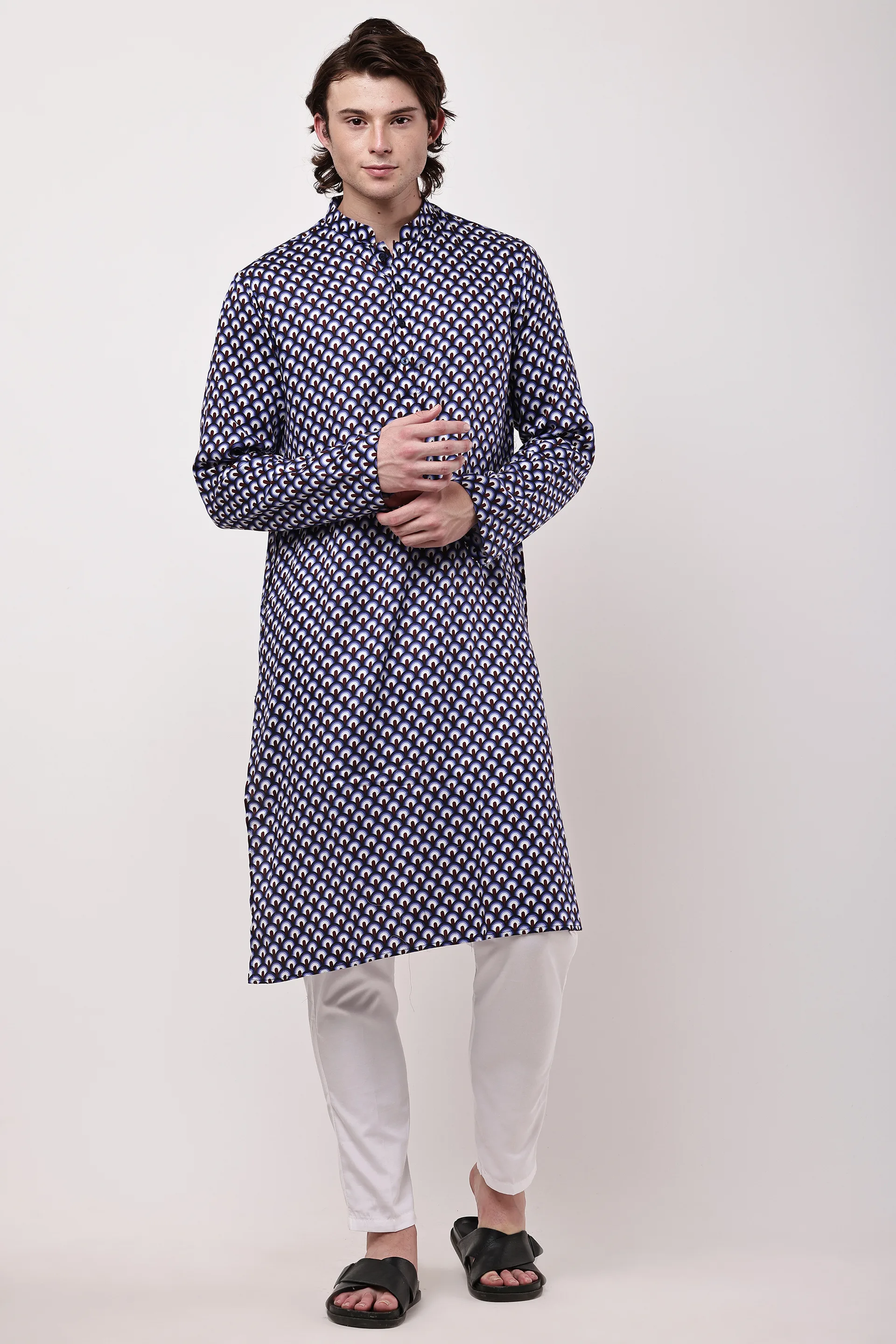 Men Navy Blue & Beige Geometric Printed Cotton Kurta Set — view 4