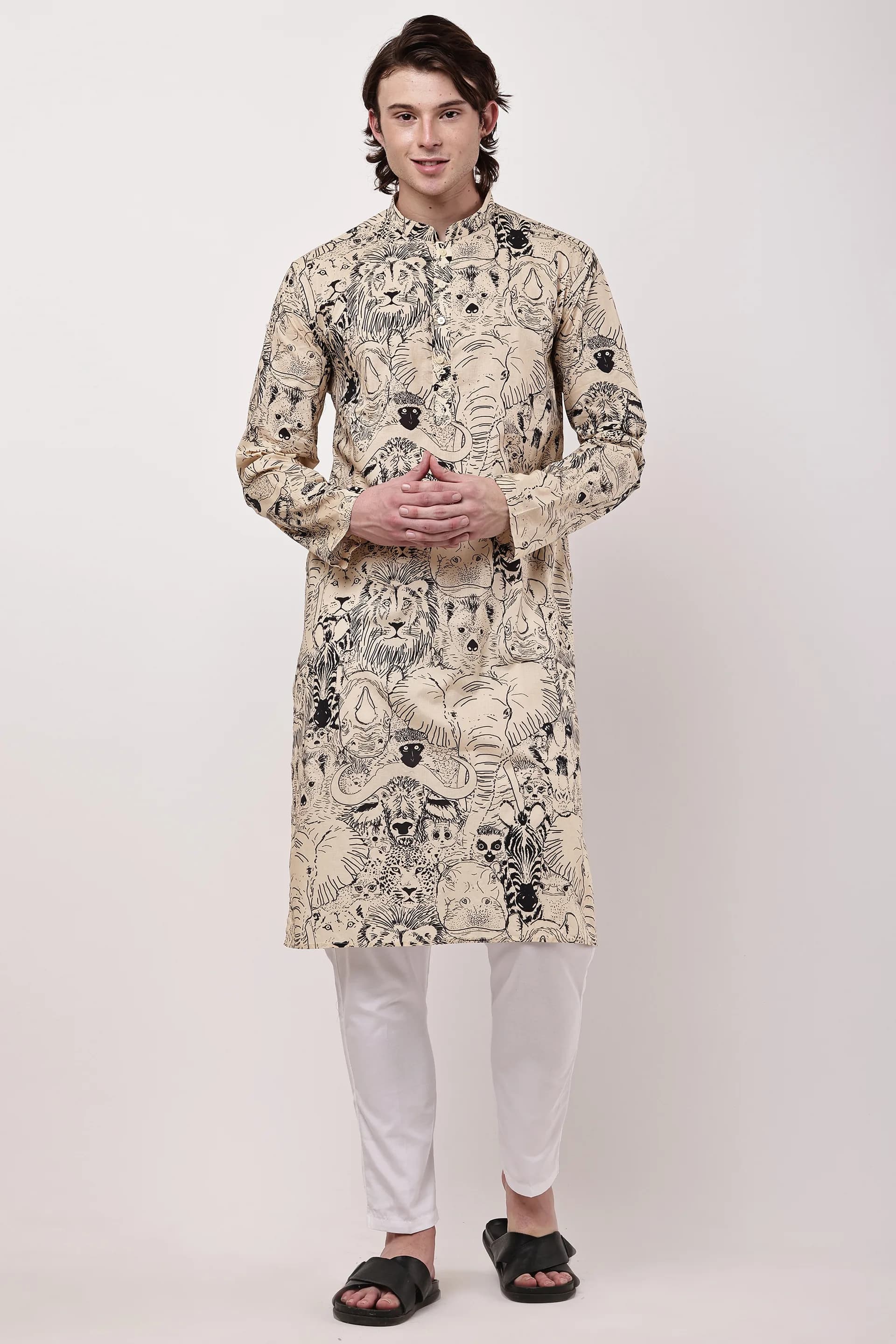 Men Beige & Black Hand-Sketched Safari Print Straight Kurta