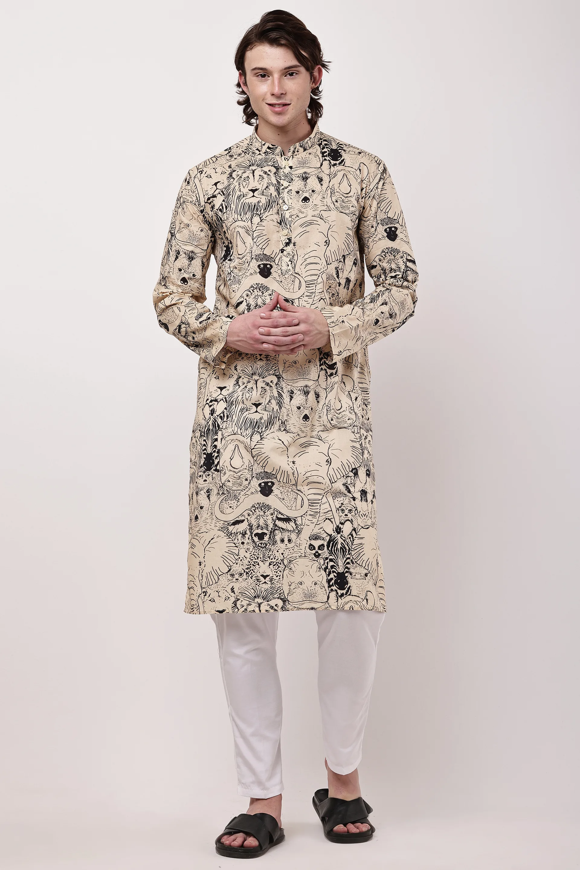 Men Beige & Black Hand-Sketched Safari Print Straight Kurta — view 3