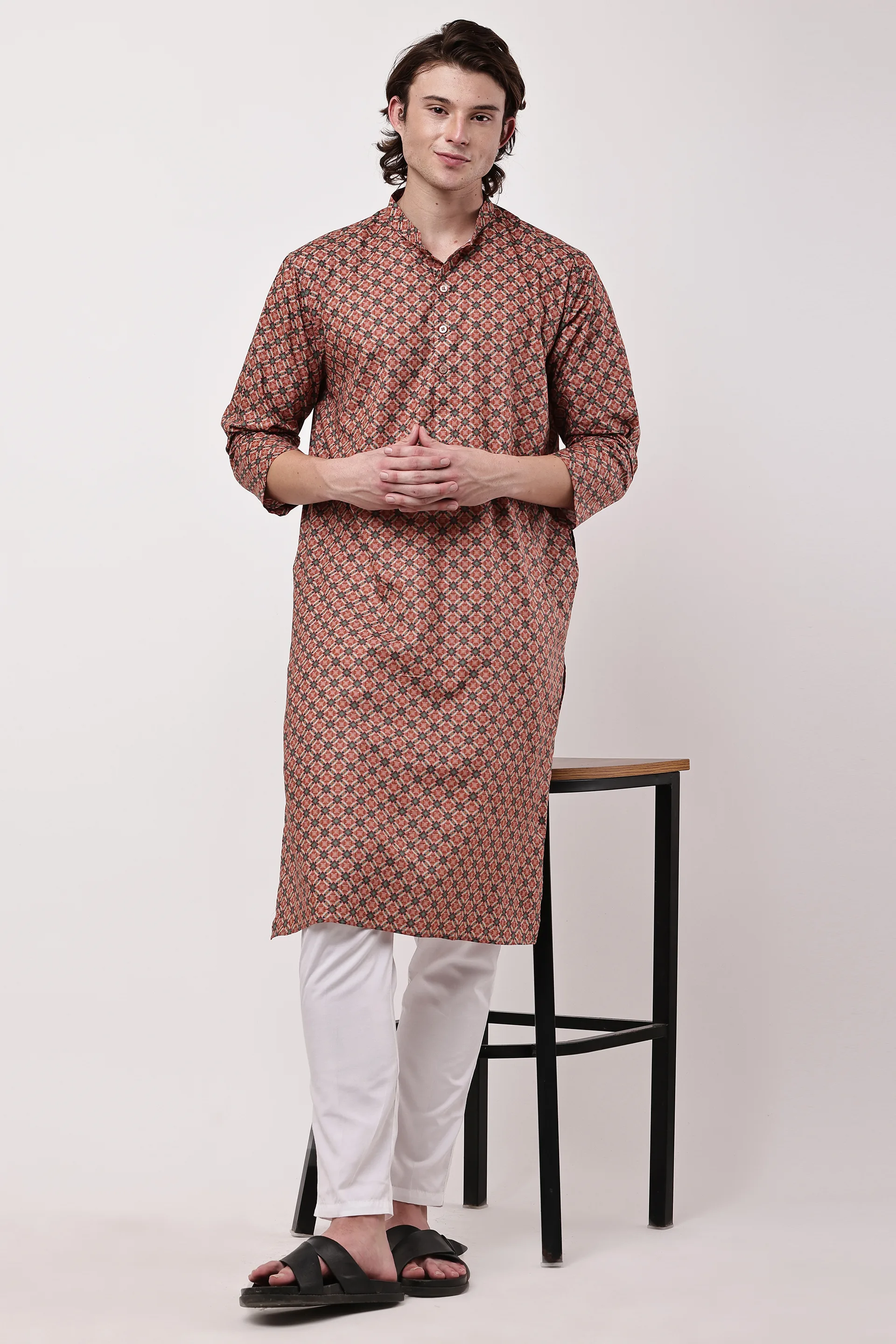 Rust Red Geometric Printed Cotton Kurta with Pyjama — view 1