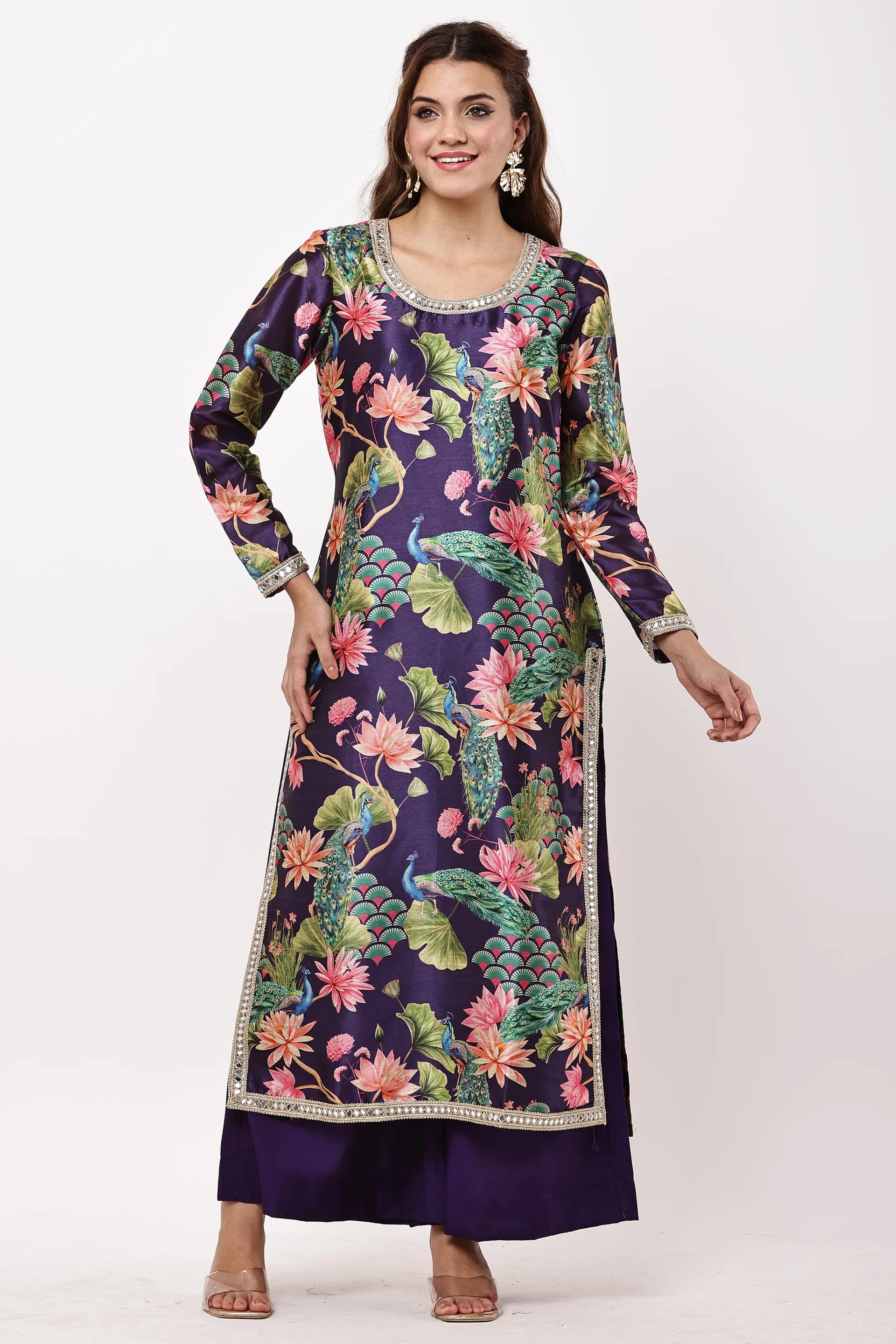 Women Purple Silk-Blend Kurta Set with Peacock Print & Mirror Work Detailing