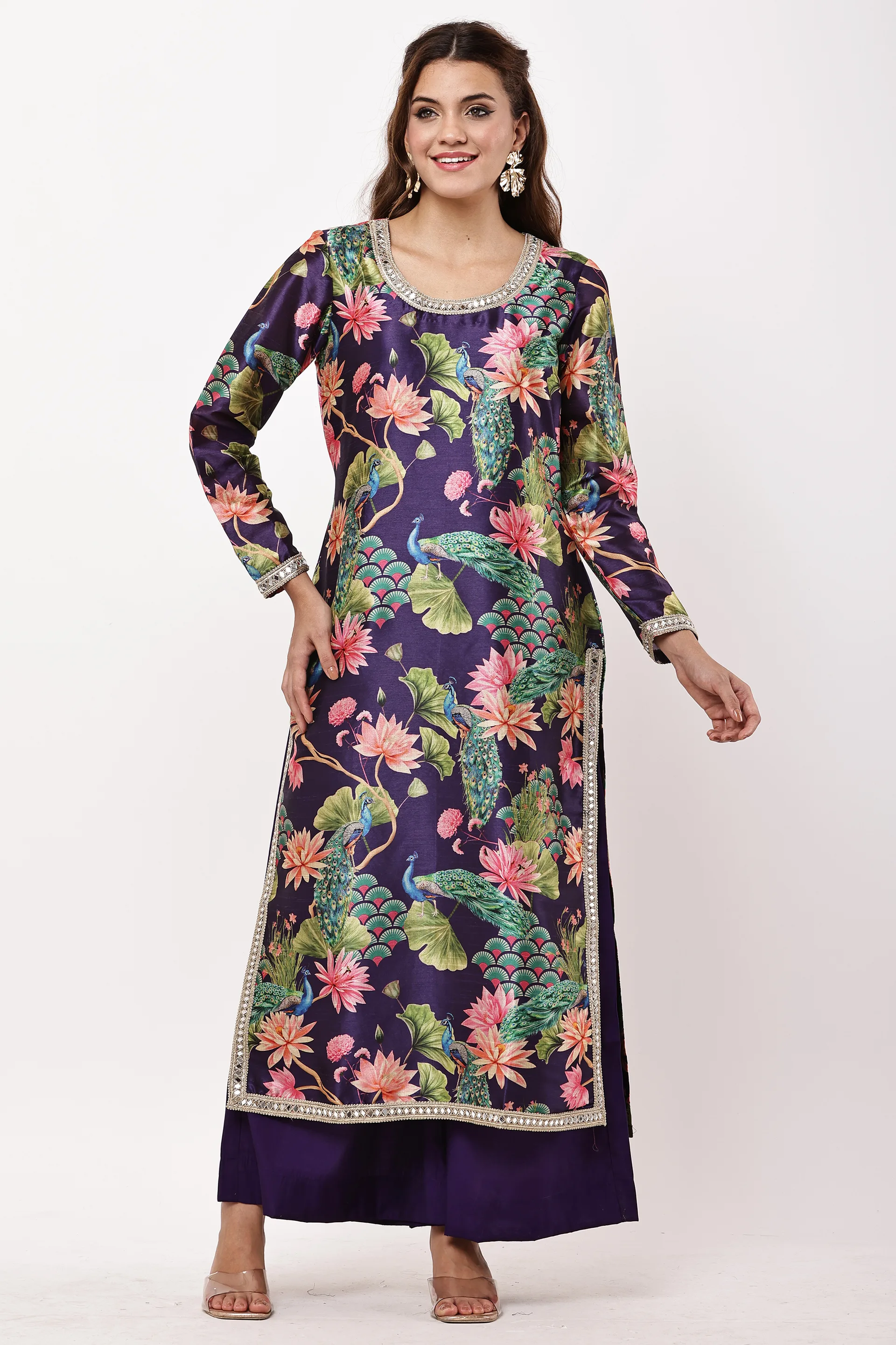 Women Purple Silk-Blend Kurta Set with Peacock Print & Mirror Work Detailing — view 2