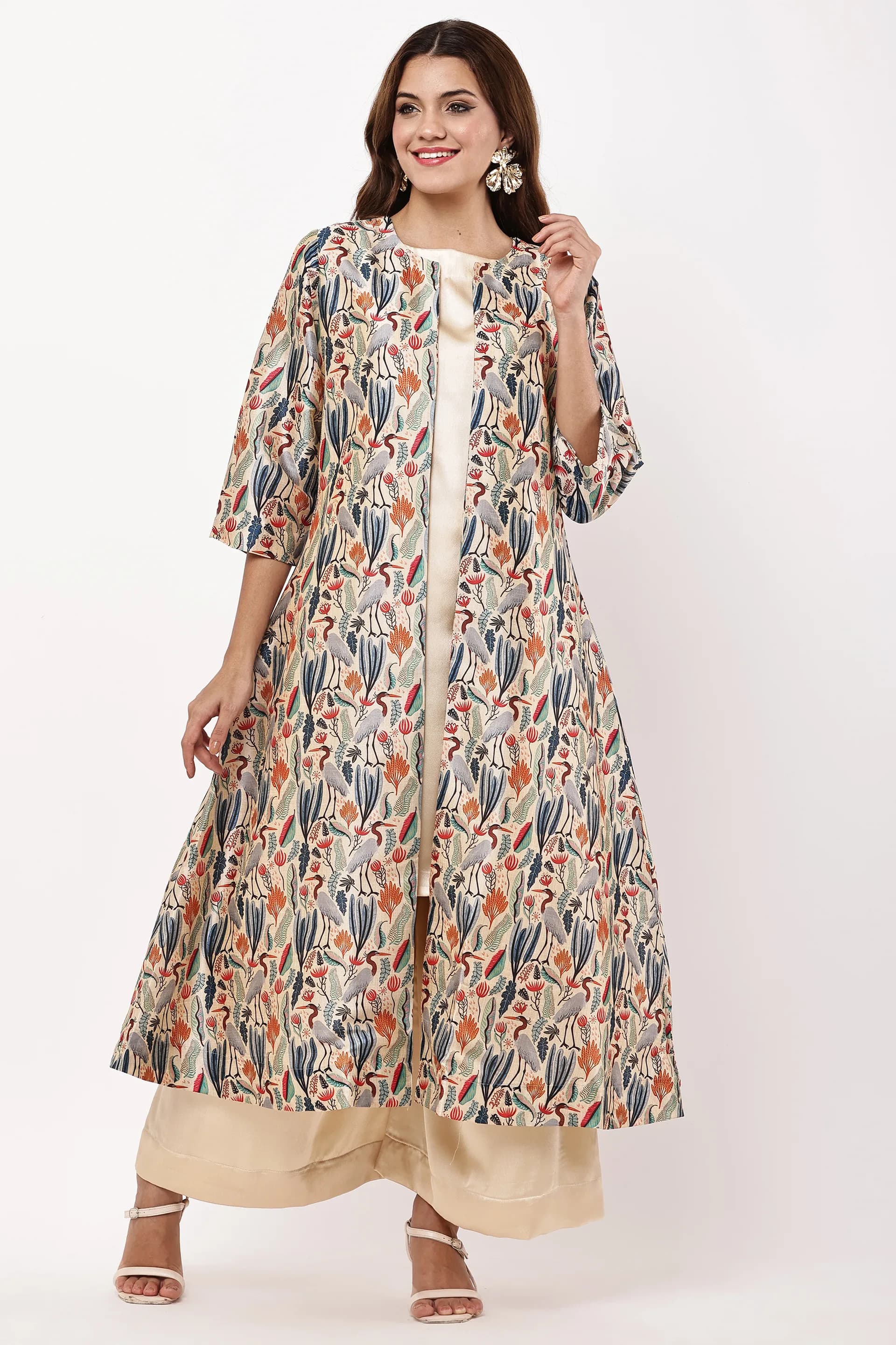 Women Beige & Multicoloured Printed Layered Kurta Set with Jacket