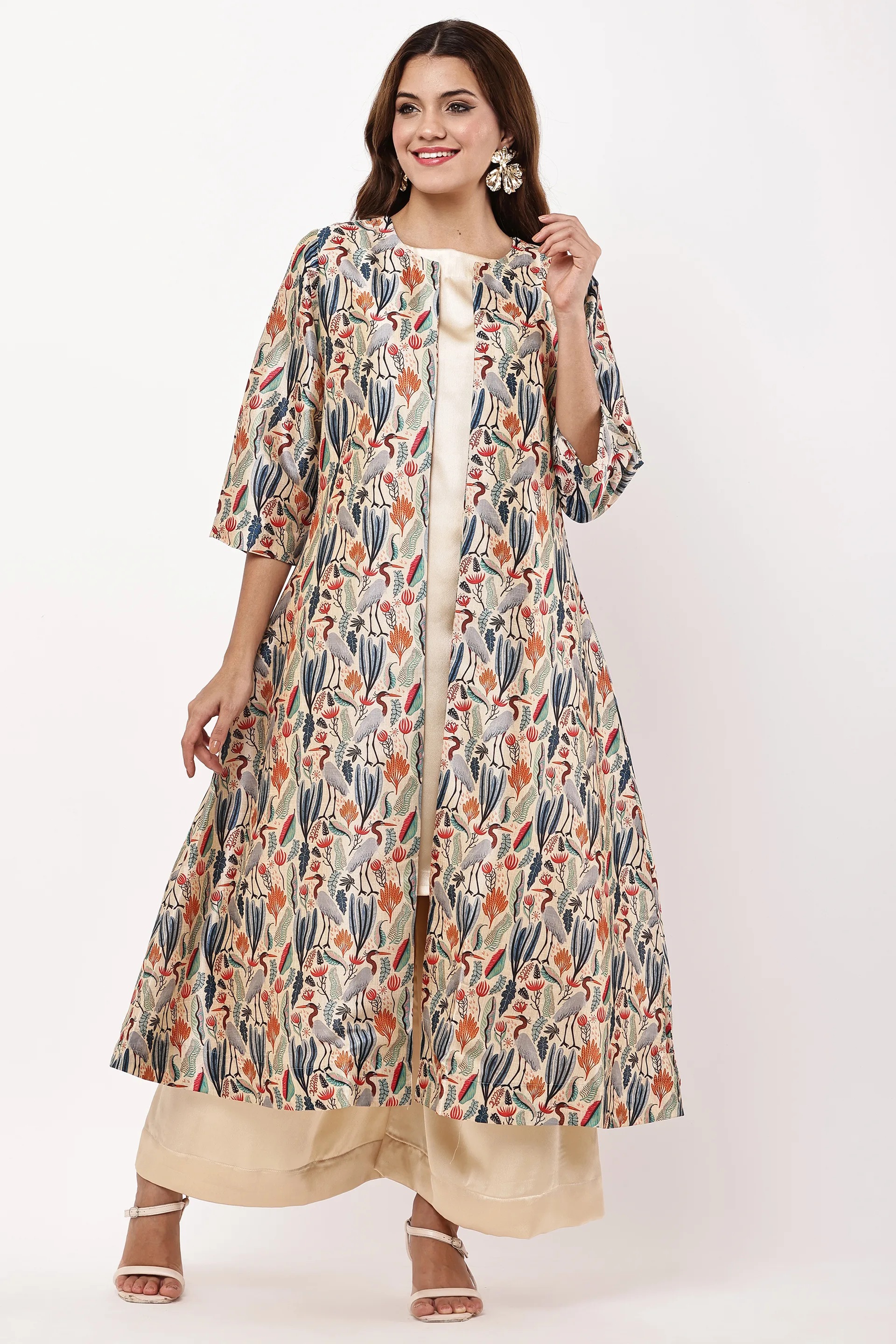 Women Beige & Multicoloured Printed Layered Kurta Set with Jacket — view 4