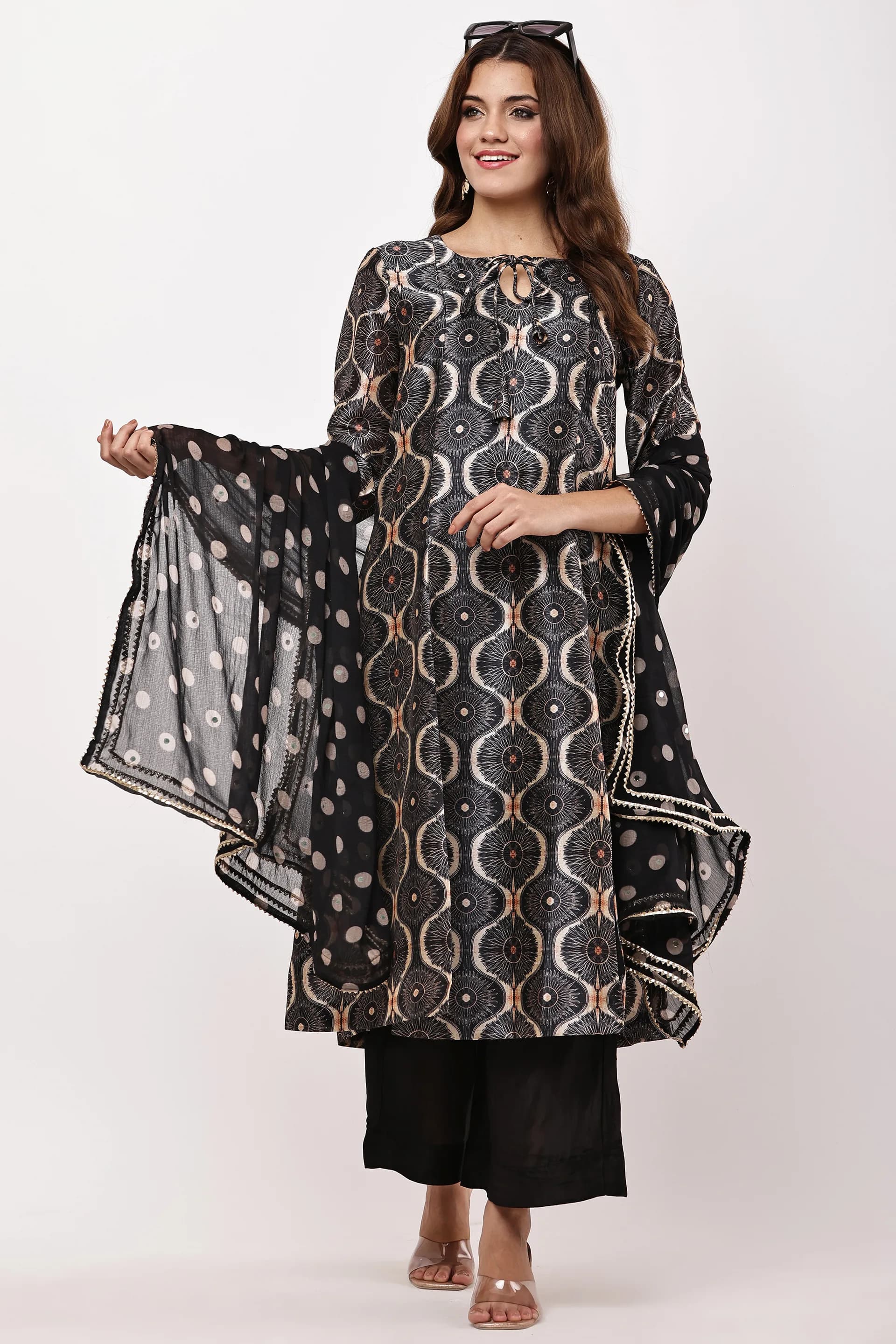 Women Black & Beige Ethnic Motifs Printed Kurta with Palazzos & Dupatta