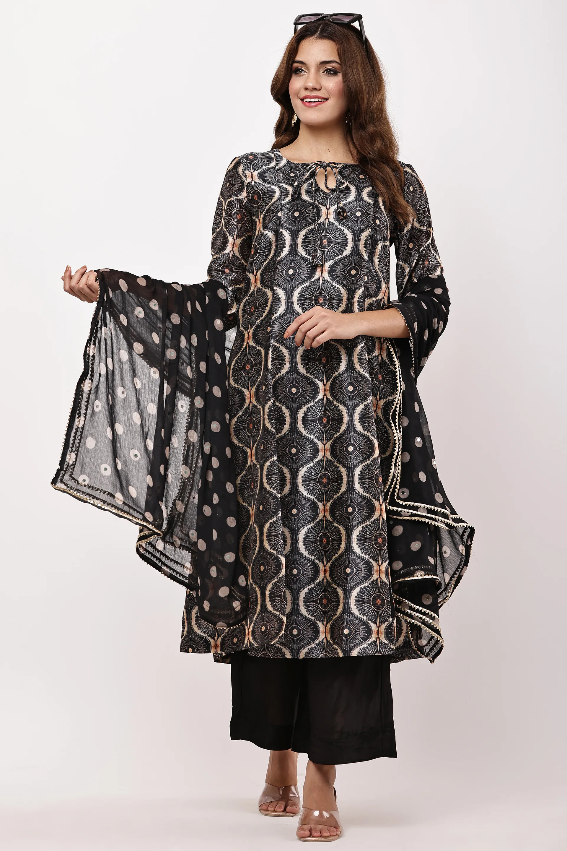 Women Black & Beige Ethnic Motifs Printed Kurta with Palazzos & Dupatta — view 1