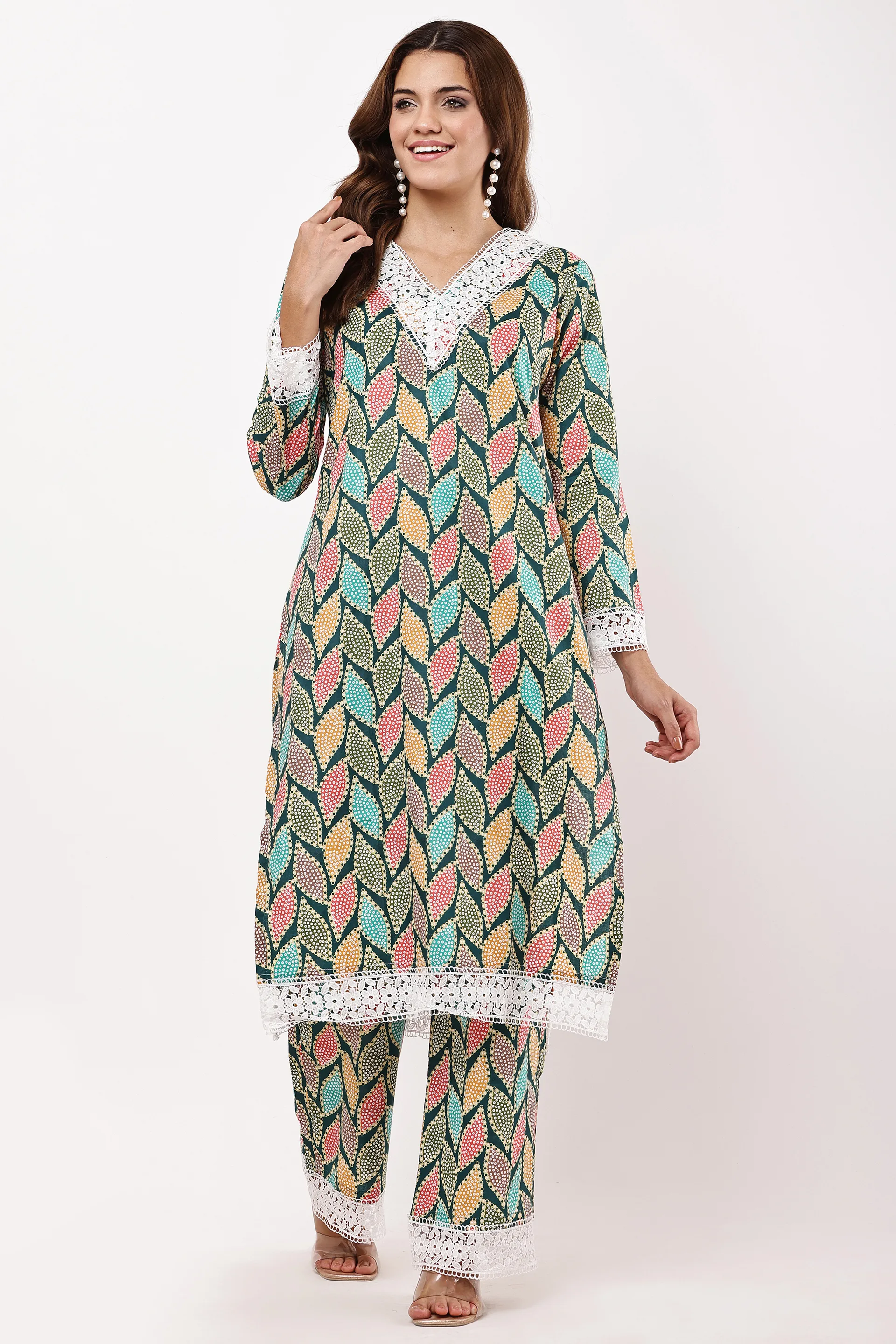 Multicolour Leaf Print Straight Kurta Set with Dupatta — view 3