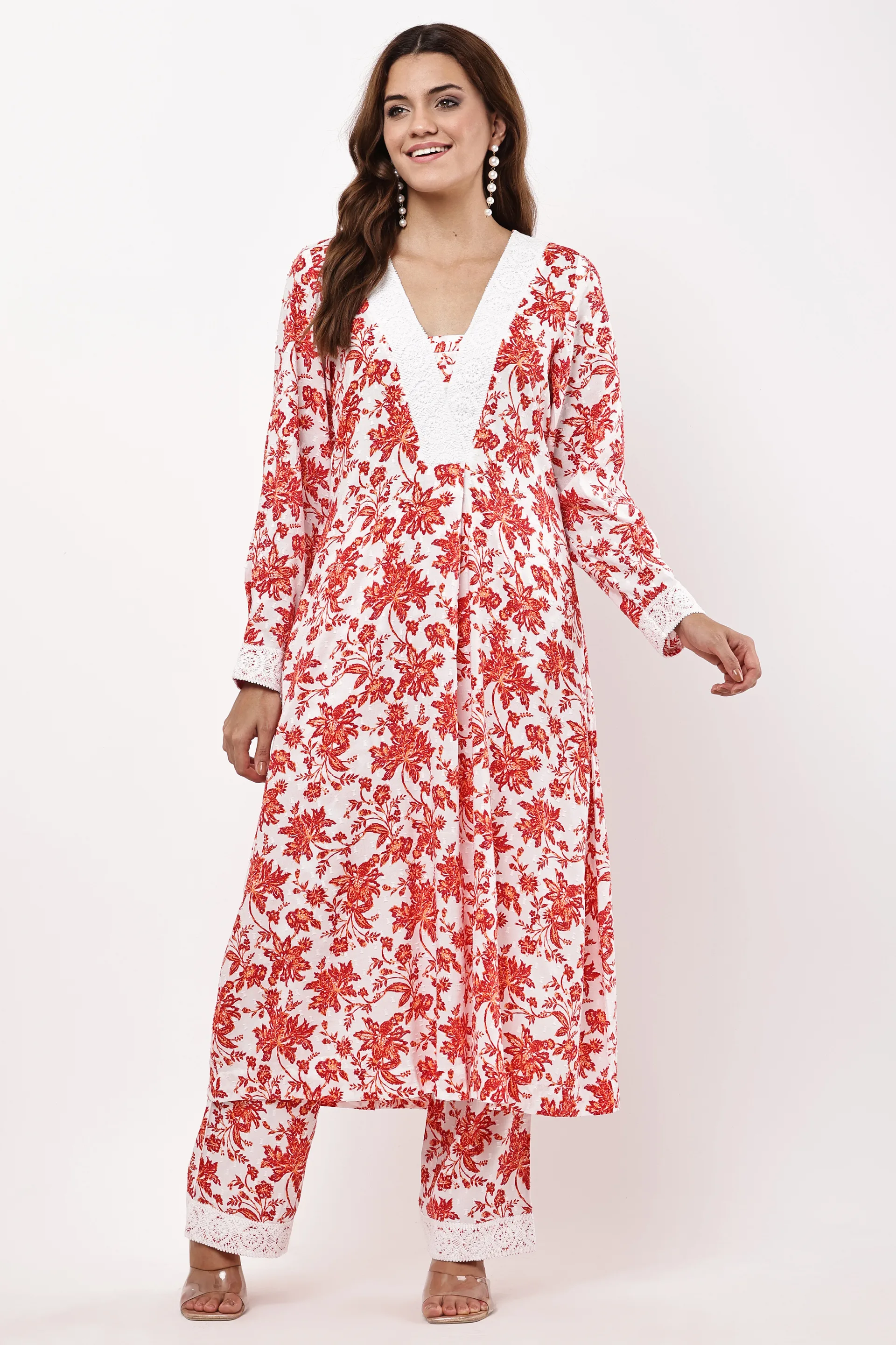White & Red Floral Printed A-Line Kurta Set — view 4